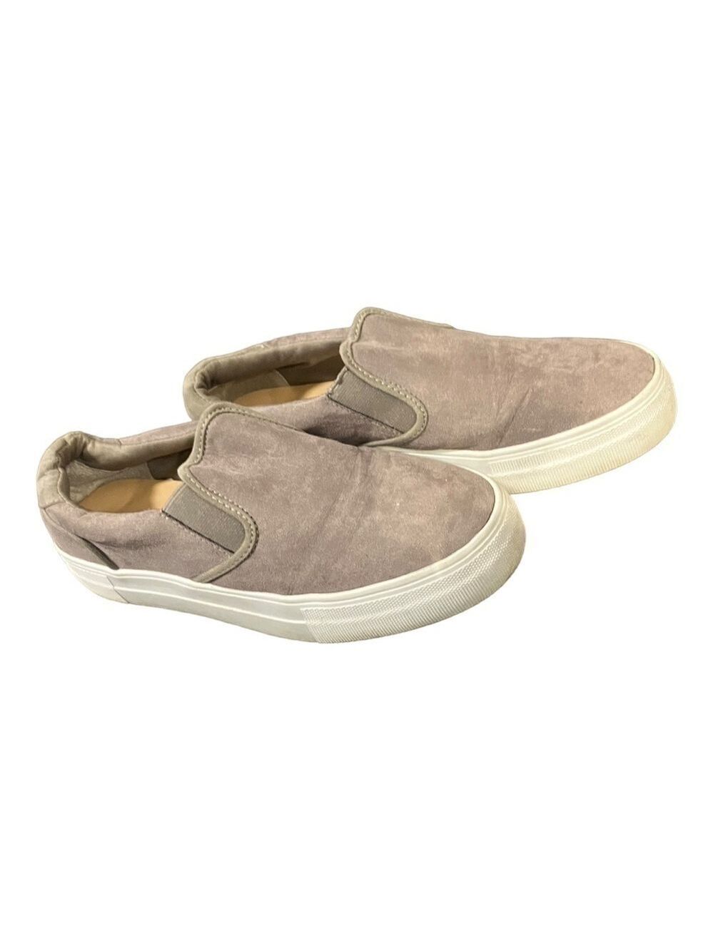 JUSTFAB Eloise Grey Beige Slip On Loafers Cinched Heel Size 7..5